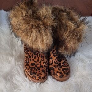 Leopard Print Faux Fur Winter Boots - Brown